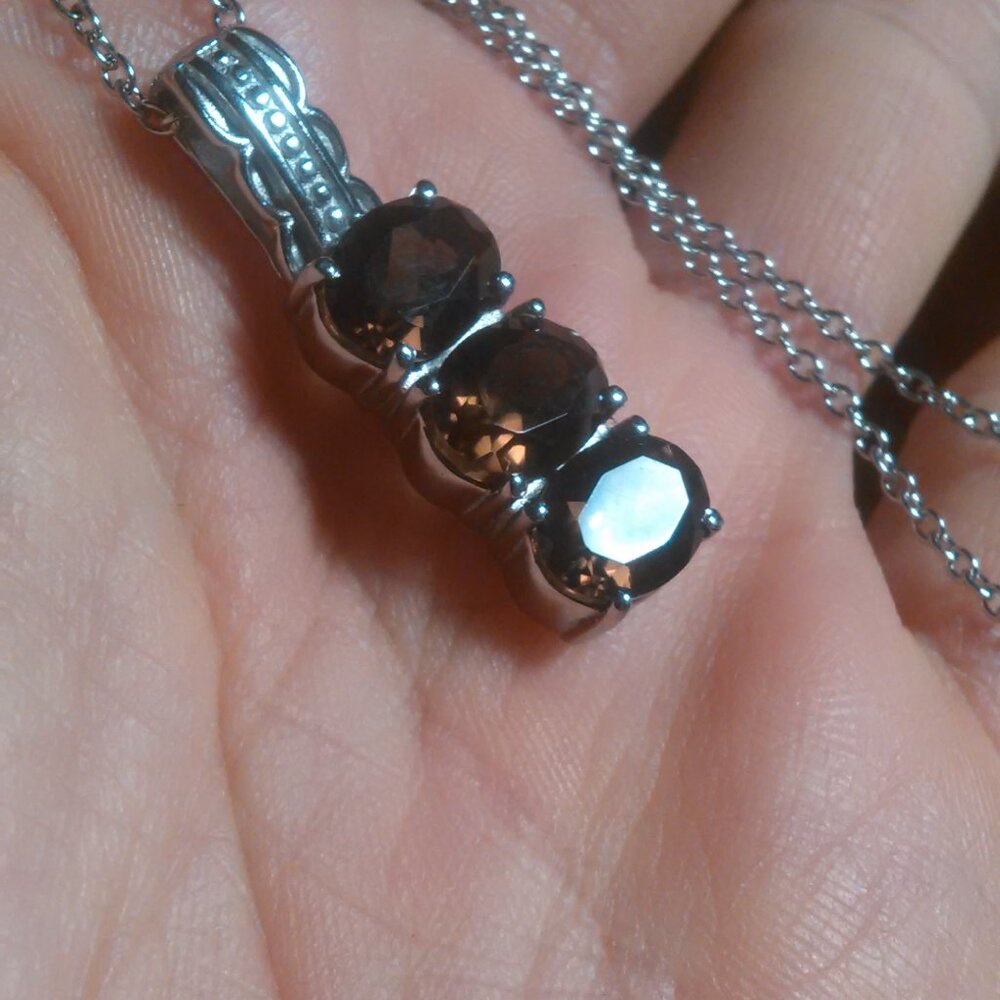 Brazilian Smokey Quartz Three Stone Stainless Steel Pendant Necklace - Picture 14 of 14